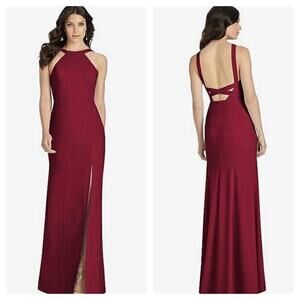 Dessy Collection 3039 High Neck Backless Crepe Trumpet Gown Size 8 NWOT